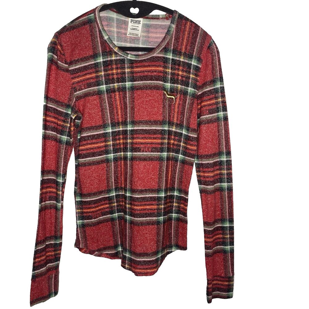 VICTORIAS SECRET PINK Red Plaid Pajama Top Lounge Gold Dog Logo Womens S Cozy